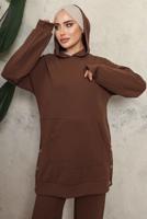 Tesettür giyim KAHVE KAPÜŞONLU ÇITÇIT DETAYLI PANTOLONLU TAKIM T 6643