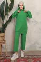 Tesettür giyim YEŞİL KAPÜŞONLU ÇITÇIT DETAYLI PANTOLONLU TAKIM T 6643