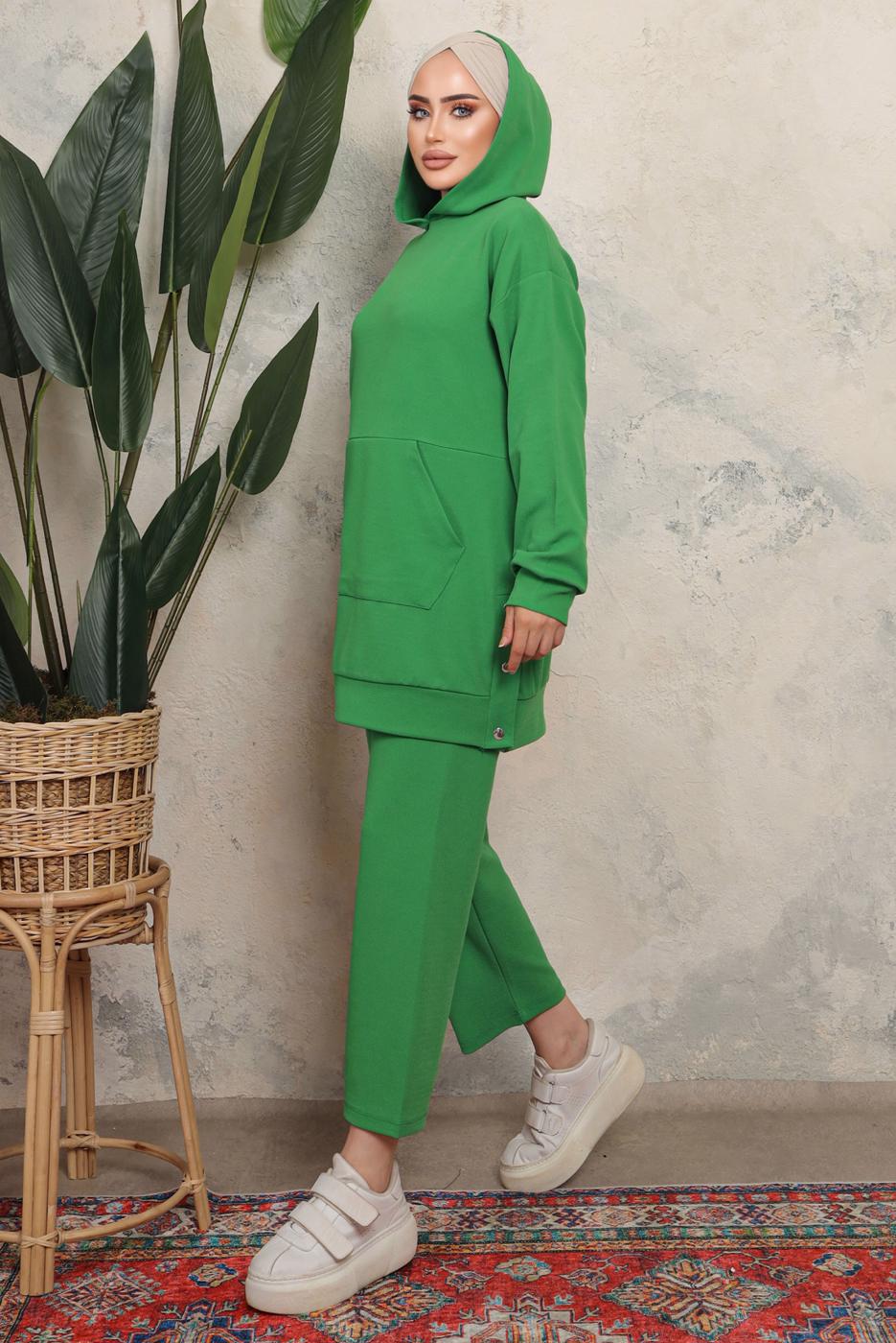 Tesettür giyim YEŞİL KAPÜŞONLU ÇITÇIT DETAYLI PANTOLONLU TAKIM T 6643