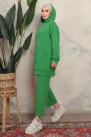 Tesettür giyim YEŞİL KAPÜŞONLU ÇITÇIT DETAYLI PANTOLONLU TAKIM T 6643