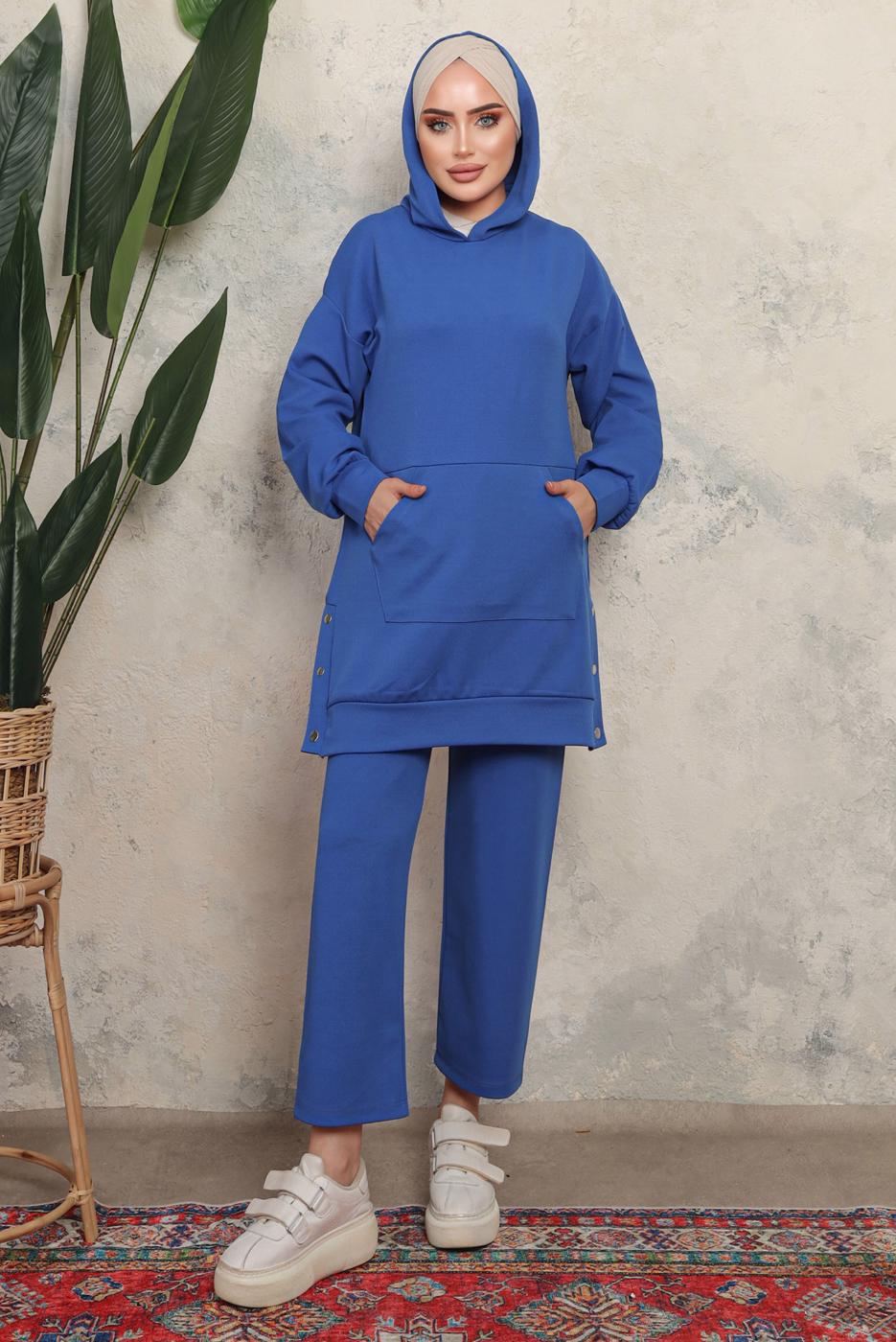 Tesettür giyim LACİVERT KAPÜŞONLU ÇITÇIT DETAYLI PANTOLONLU TAKIM T 6643