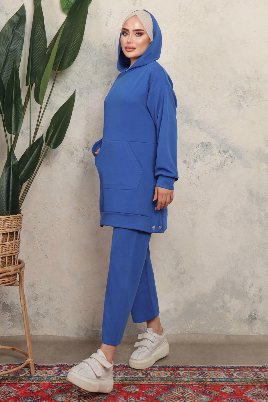 Tesettür giyim LACİVERT KAPÜŞONLU ÇITÇIT DETAYLI PANTOLONLU TAKIM T 6643