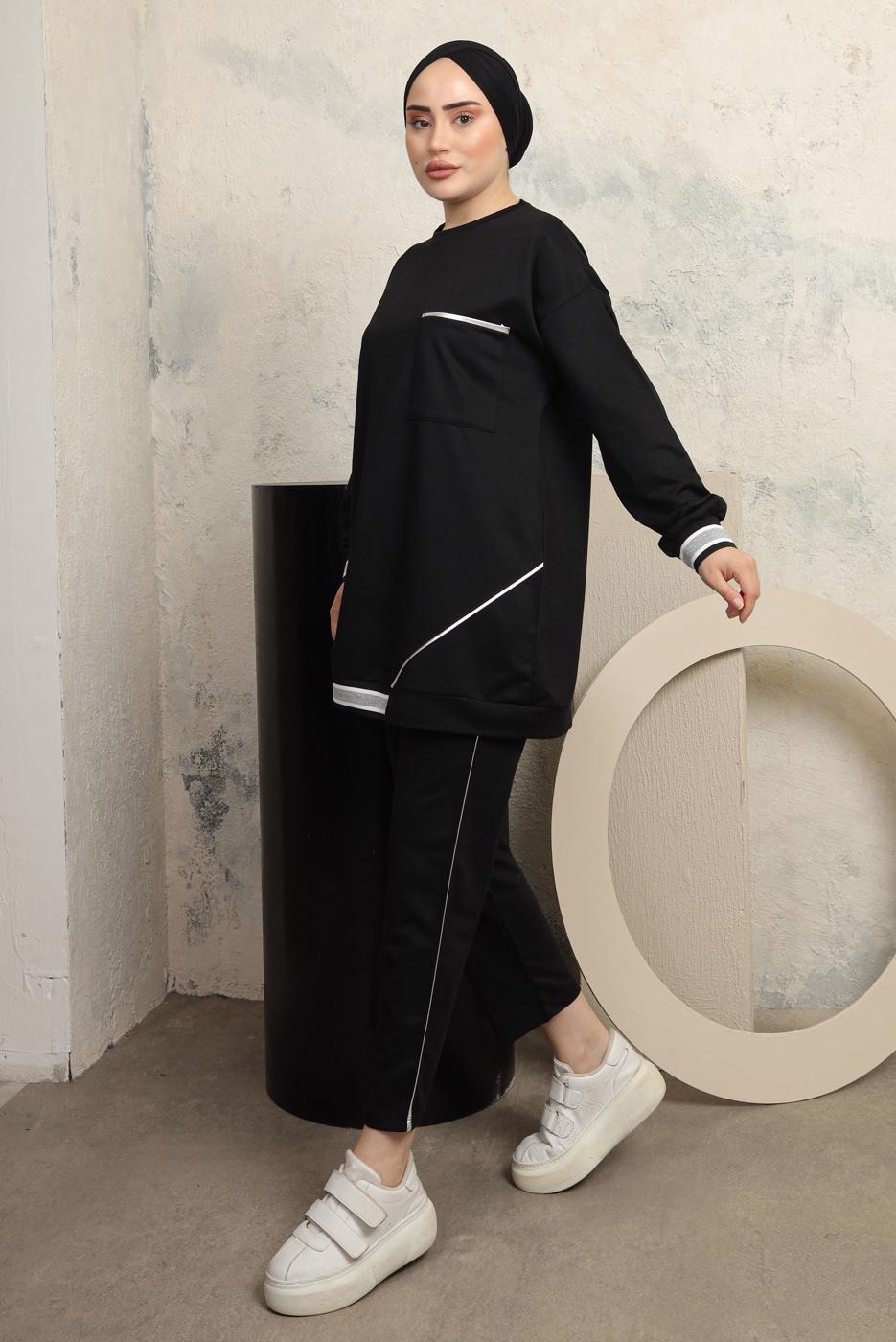 Tesettür giyim SİYAH MANŞETLERİ LASTİKLİ PANTOLONLU EŞOFMAN TAKIM T 7043