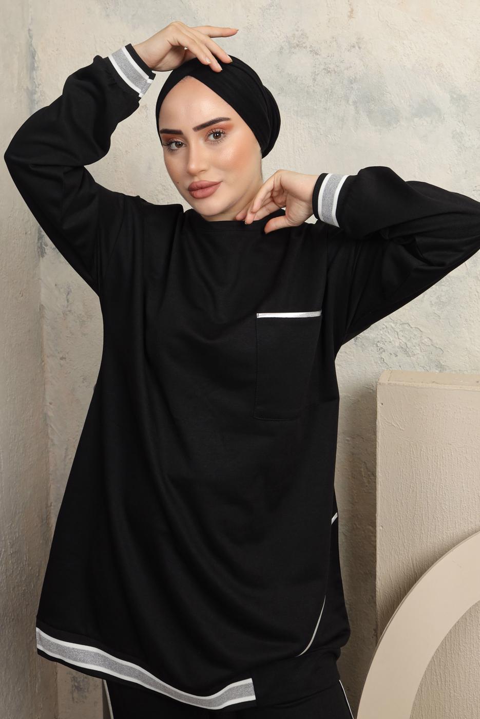 Tesettür giyim SİYAH MANŞETLERİ LASTİKLİ PANTOLONLU EŞOFMAN TAKIM T 7043