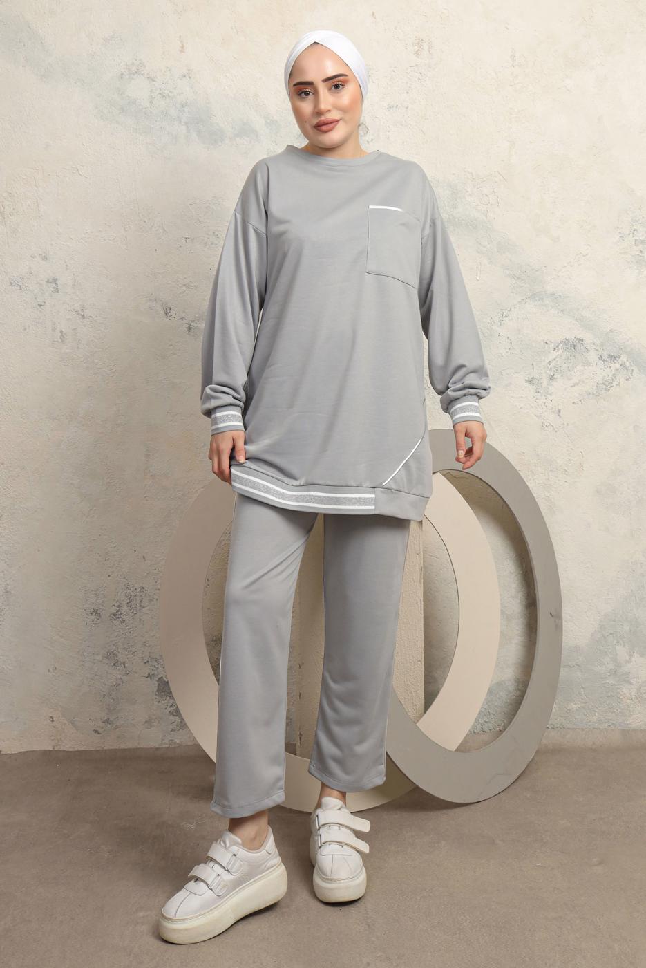 Tesettür giyim GRİ MANŞETLERİ LASTİKLİ PANTOLONLU EŞOFMAN TAKIM T 7043