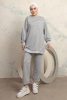 Tesettür giyim GRİ MANŞETLERİ LASTİKLİ PANTOLONLU EŞOFMAN TAKIM T 7043