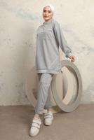 Tesettür giyim GRİ MANŞETLERİ LASTİKLİ PANTOLONLU EŞOFMAN TAKIM T 7043