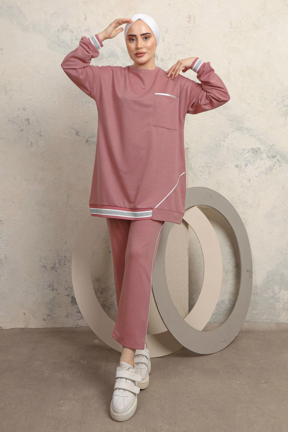 Tesettür giyim PUDRA MANŞETLERİ LASTİKLİ PANTOLONLU EŞOFMAN TAKIM T 7043