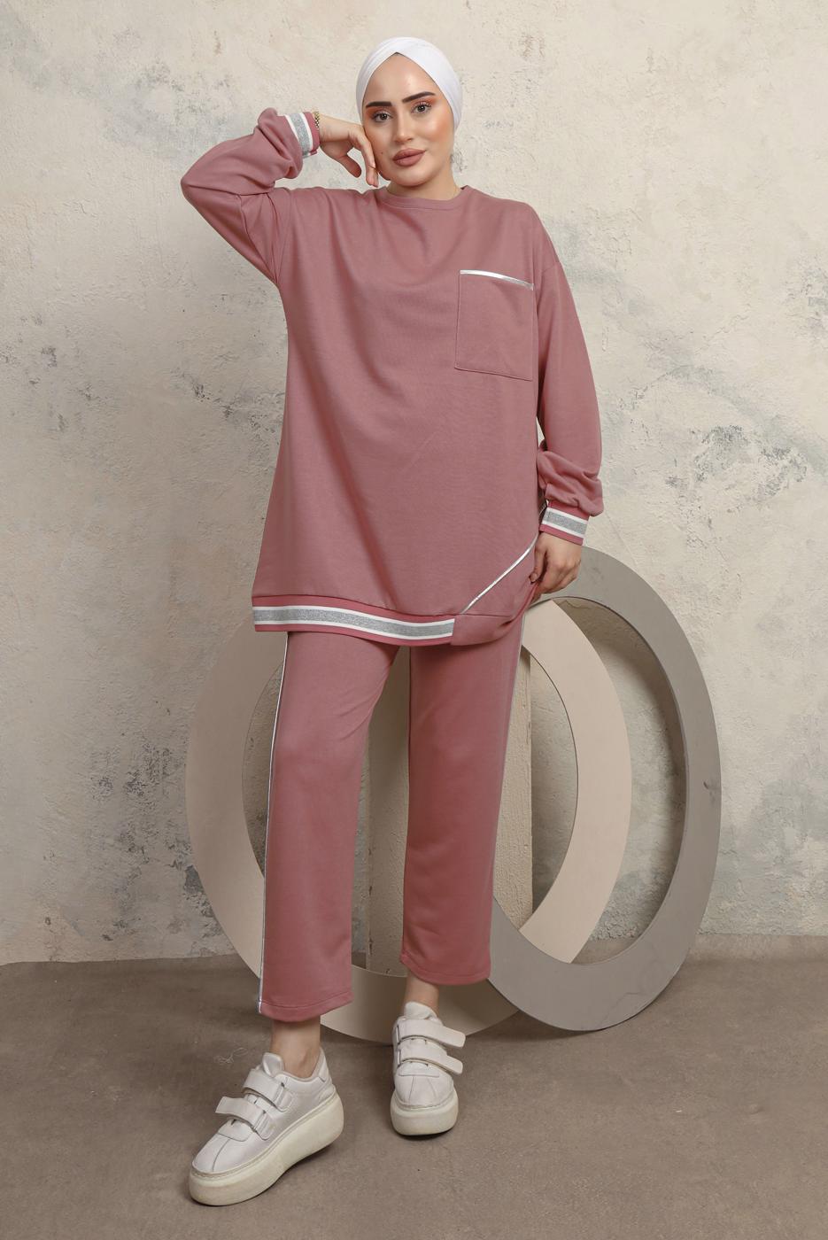 Tesettür giyim PUDRA MANŞETLERİ LASTİKLİ PANTOLONLU EŞOFMAN TAKIM T 7043
