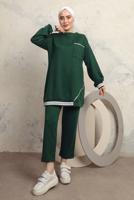 Tesettür giyim YEŞİL MANŞETLERİ LASTİKLİ PANTOLONLU EŞOFMAN TAKIM T 7043