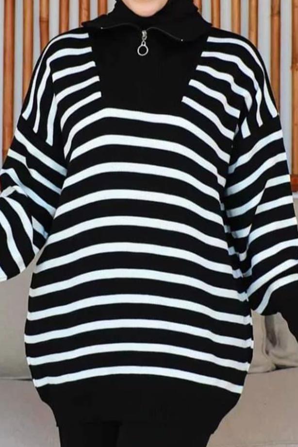 Tesettür giyim  ÇİZGİLİ PANTOLONLU TRİKO TAKIM T 7403 - TRENDTESETTÜR