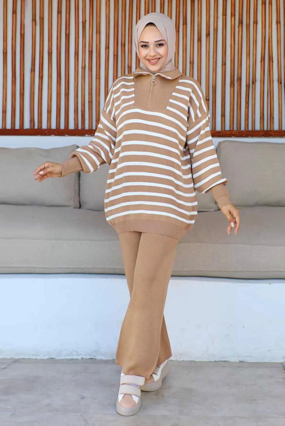 Tesettür giyim KAHVE ÇİZGİLİ PANTOLONLU TRİKO TAKIM T 7403
