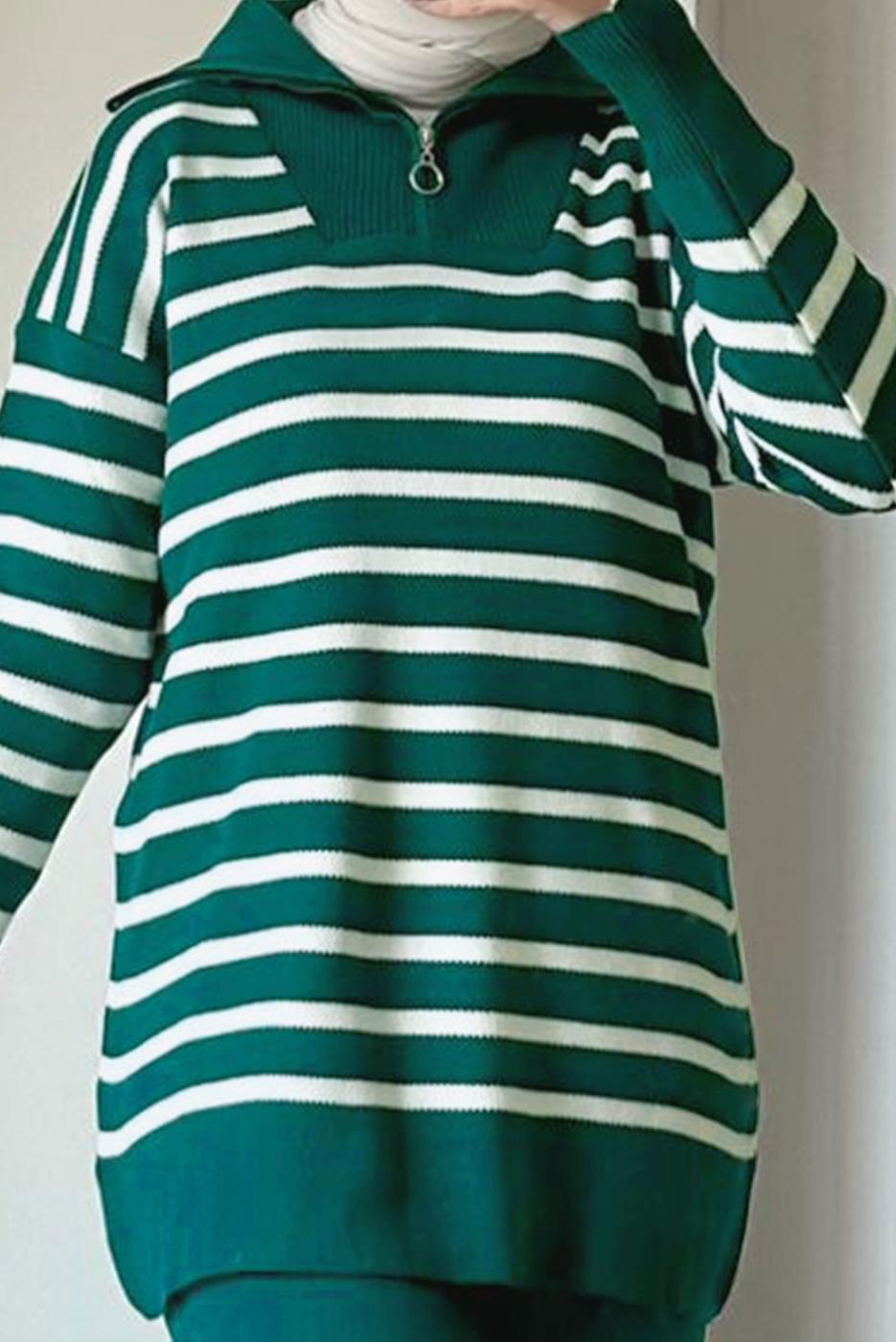 Hijab clothing GREEN STRIPED KNITWEAR PANTS SUIT T 7403