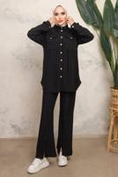 Tesettür giyim SİYAH ÇİZGİLİ DÜĞMELİ PANTOLONLU TAKIM T 7443