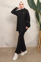 Tesettür giyim SİYAH ÇİZGİLİ DÜĞMELİ PANTOLONLU TAKIM T 7443