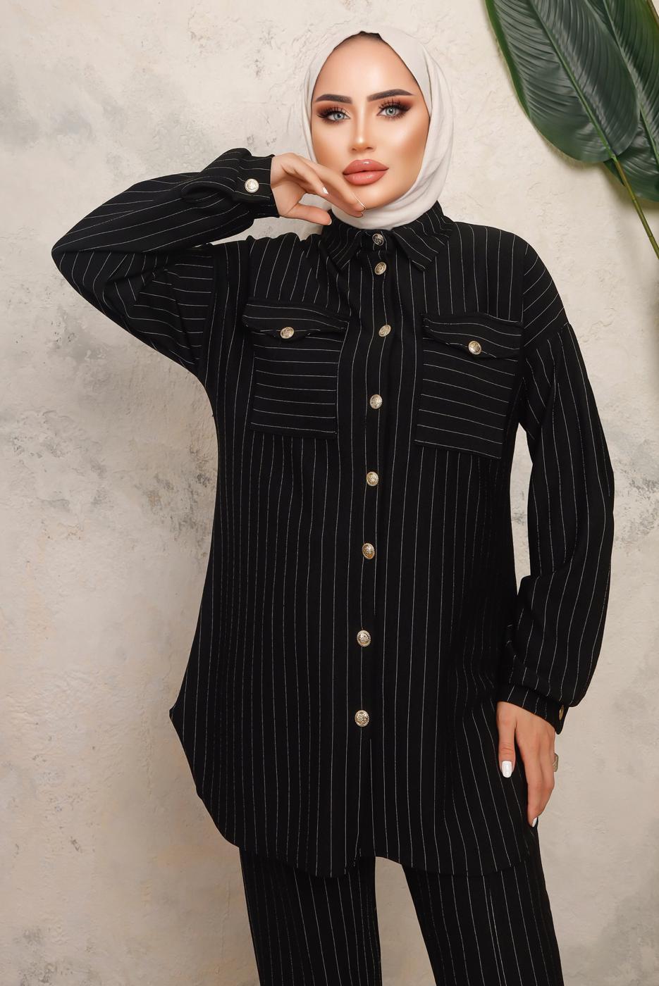 Tesettür giyim SİYAH ÇİZGİLİ DÜĞMELİ PANTOLONLU TAKIM T 7443