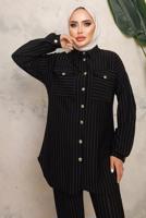 Tesettür giyim SİYAH ÇİZGİLİ DÜĞMELİ PANTOLONLU TAKIM T 7443