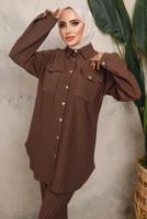 Tesettür giyim KAHVE ÇİZGİLİ DÜĞMELİ PANTOLONLU TAKIM T 7443