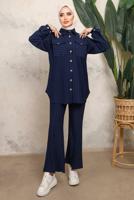 Tesettür giyim LACİVERT ÇİZGİLİ DÜĞMELİ PANTOLONLU TAKIM T 7443