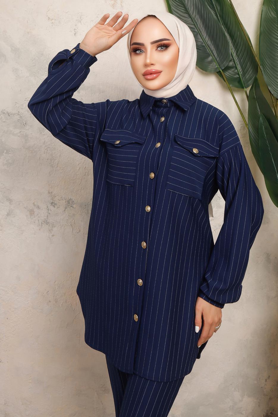 Tesettür giyim LACİVERT ÇİZGİLİ DÜĞMELİ PANTOLONLU TAKIM T 7443