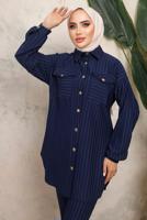 Tesettür giyim LACİVERT ÇİZGİLİ DÜĞMELİ PANTOLONLU TAKIM T 7443