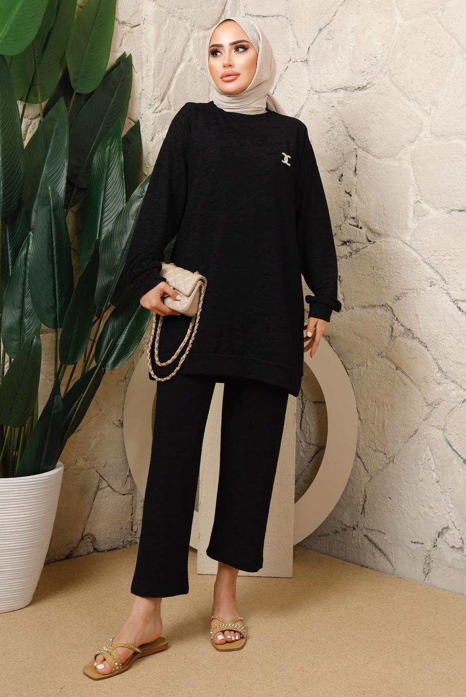 Tesettür giyim SİYAH BROŞ DETAYLI PANTOLONLU TAKIM T 7543