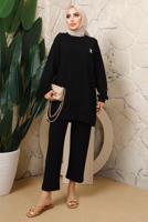 Tesettür giyim SİYAH BROŞ DETAYLI PANTOLONLU TAKIM T 7543