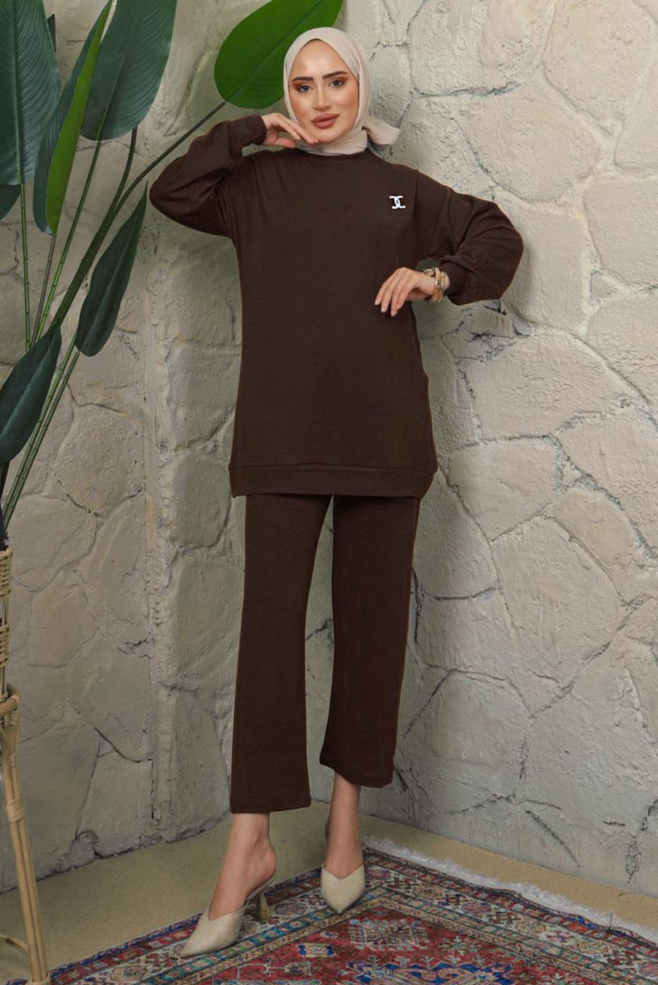Tesettür giyim KAHVE BROŞ DETAYLI PANTOLONLU TAKIM T 7543