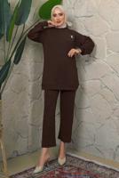 Tesettür giyim KAHVE BROŞ DETAYLI PANTOLONLU TAKIM T 7543