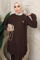 Tesettür giyim KAHVE BROŞ DETAYLI PANTOLONLU TAKIM T 7543