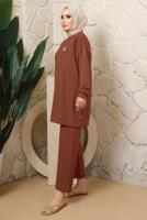 Tesettür giyim KAHVE BROŞ DETAYLI PANTOLONLU TAKIM T 7543