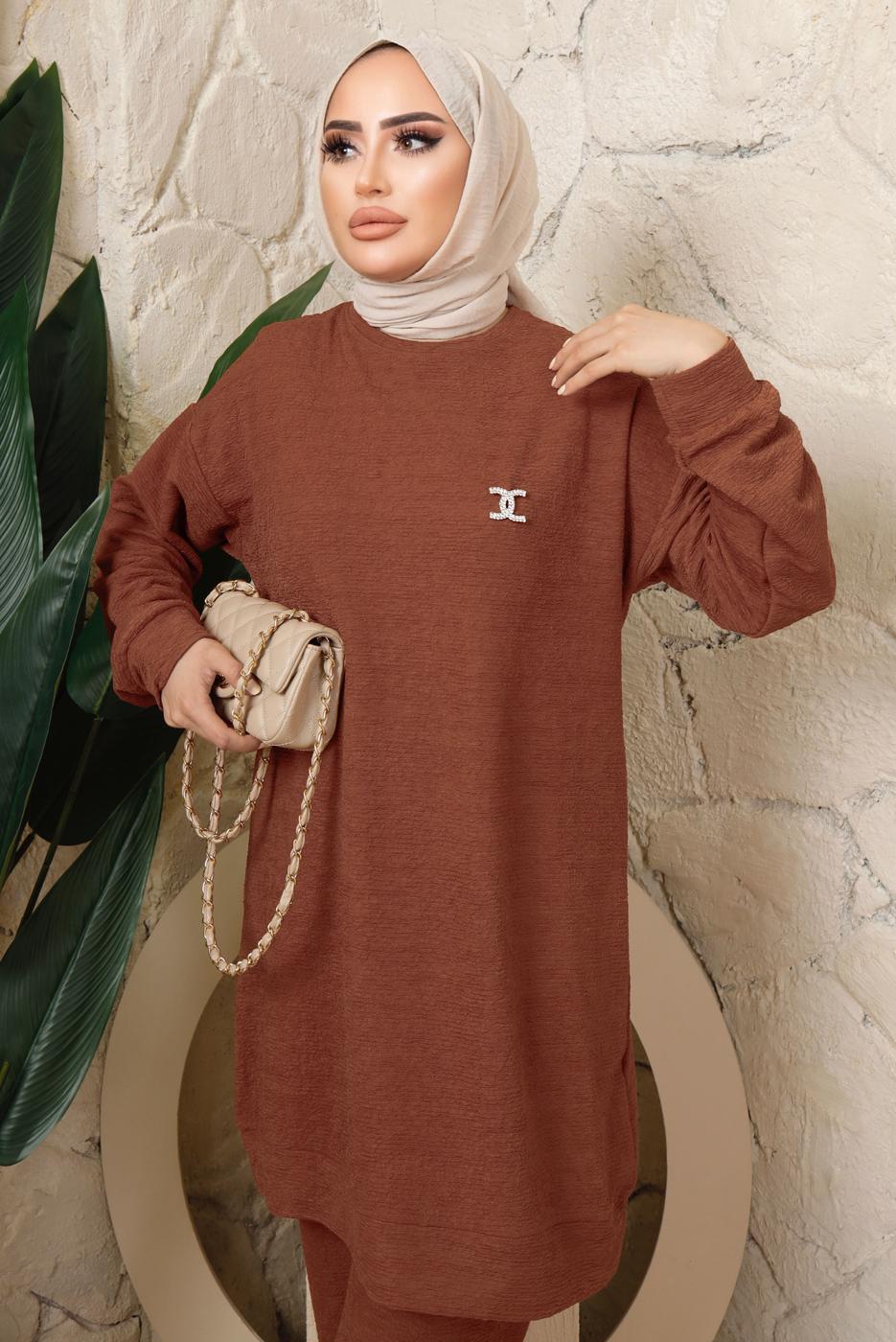 Tesettür giyim KAHVE BROŞ DETAYLI PANTOLONLU TAKIM T 7543