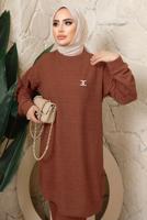 Tesettür giyim KAHVE BROŞ DETAYLI PANTOLONLU TAKIM T 7543
