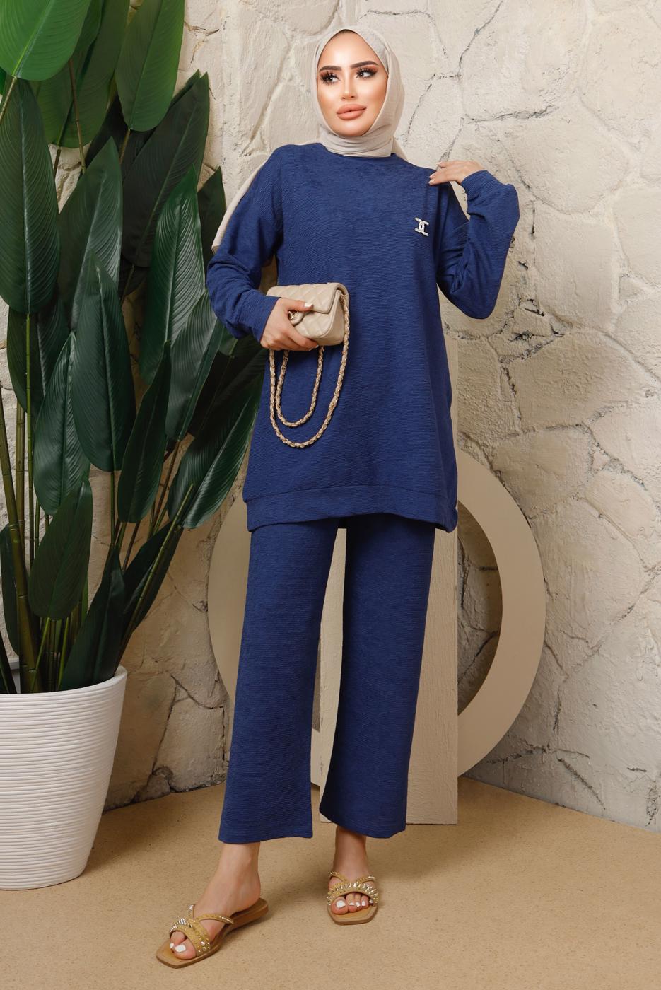 Tesettür giyim LACİVERT BROŞ DETAYLI PANTOLONLU TAKIM T 7543