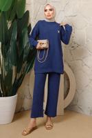 Tesettür giyim LACİVERT BROŞ DETAYLI PANTOLONLU TAKIM T 7543