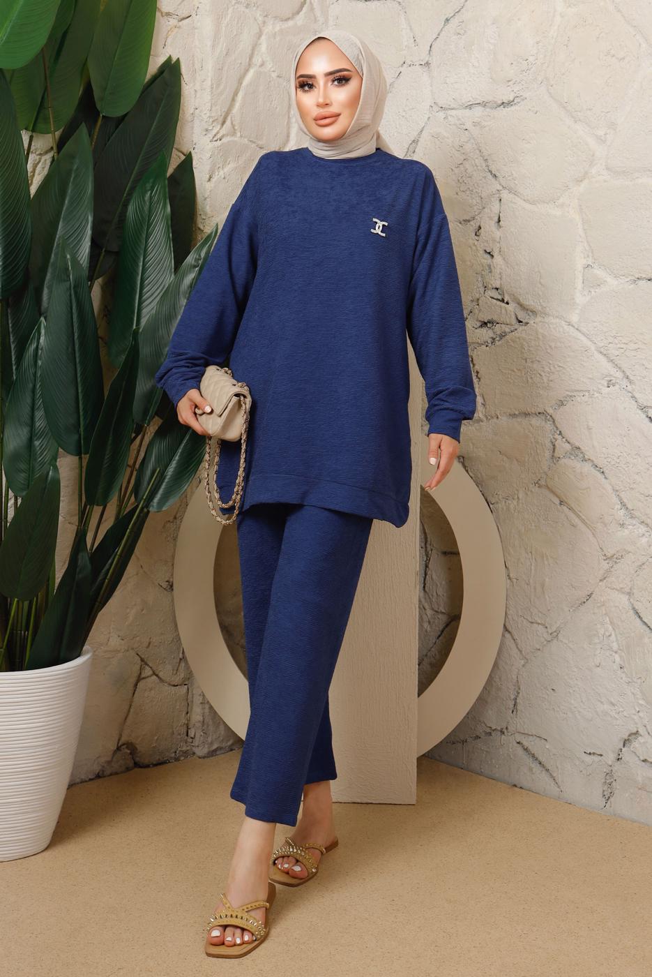 Tesettür giyim LACİVERT BROŞ DETAYLI PANTOLONLU TAKIM T 7543