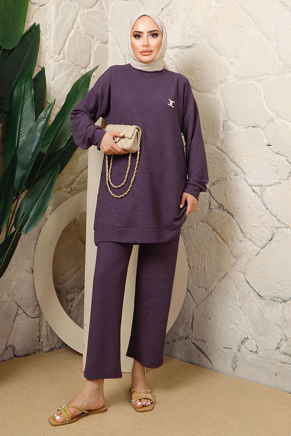 Tesettür giyim MOR BROŞ DETAYLI PANTOLONLU TAKIM T 7543