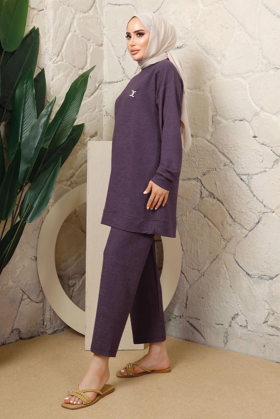 Tesettür giyim MOR BROŞ DETAYLI PANTOLONLU TAKIM T 7543