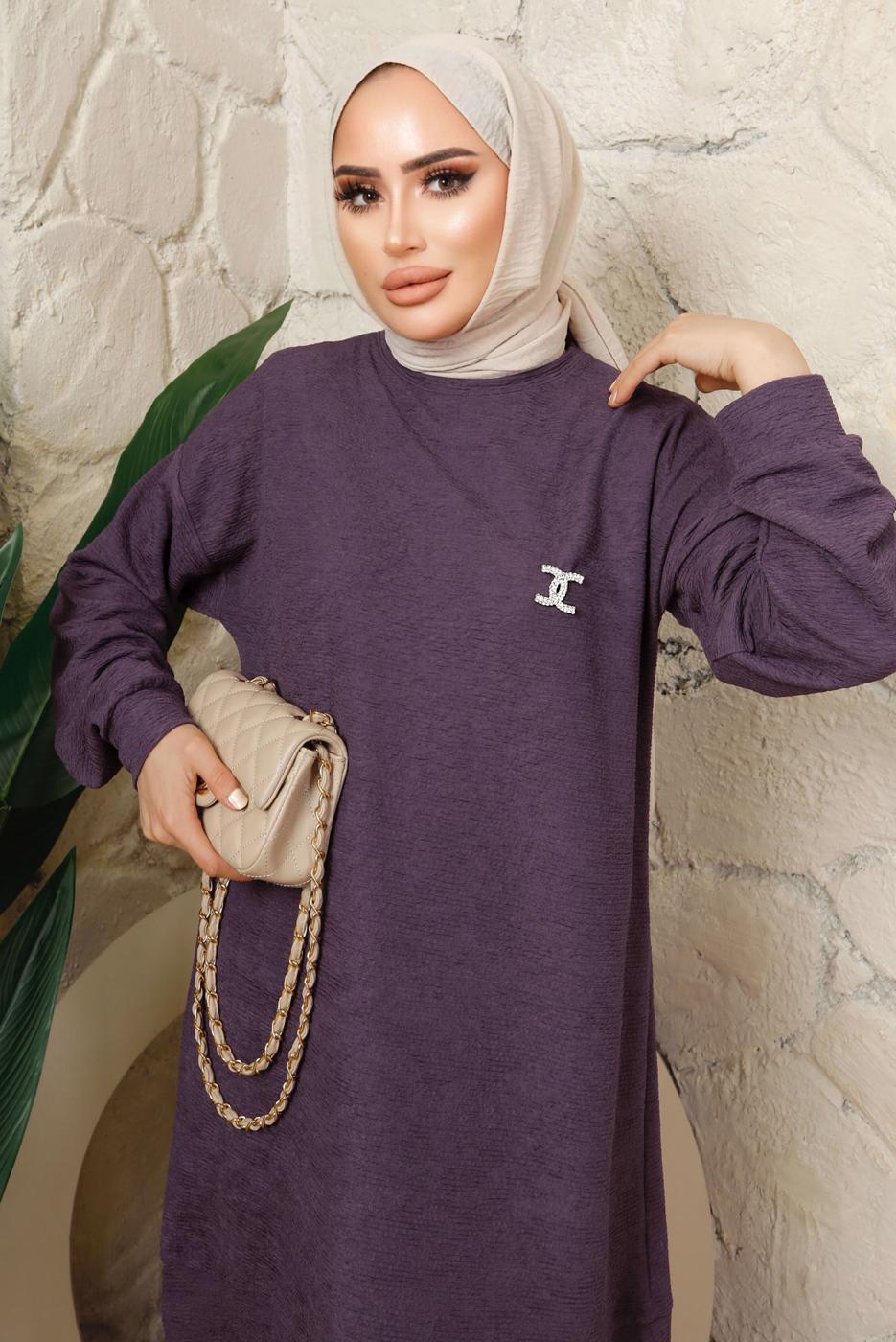 Tesettür giyim MOR BROŞ DETAYLI PANTOLONLU TAKIM T 7543