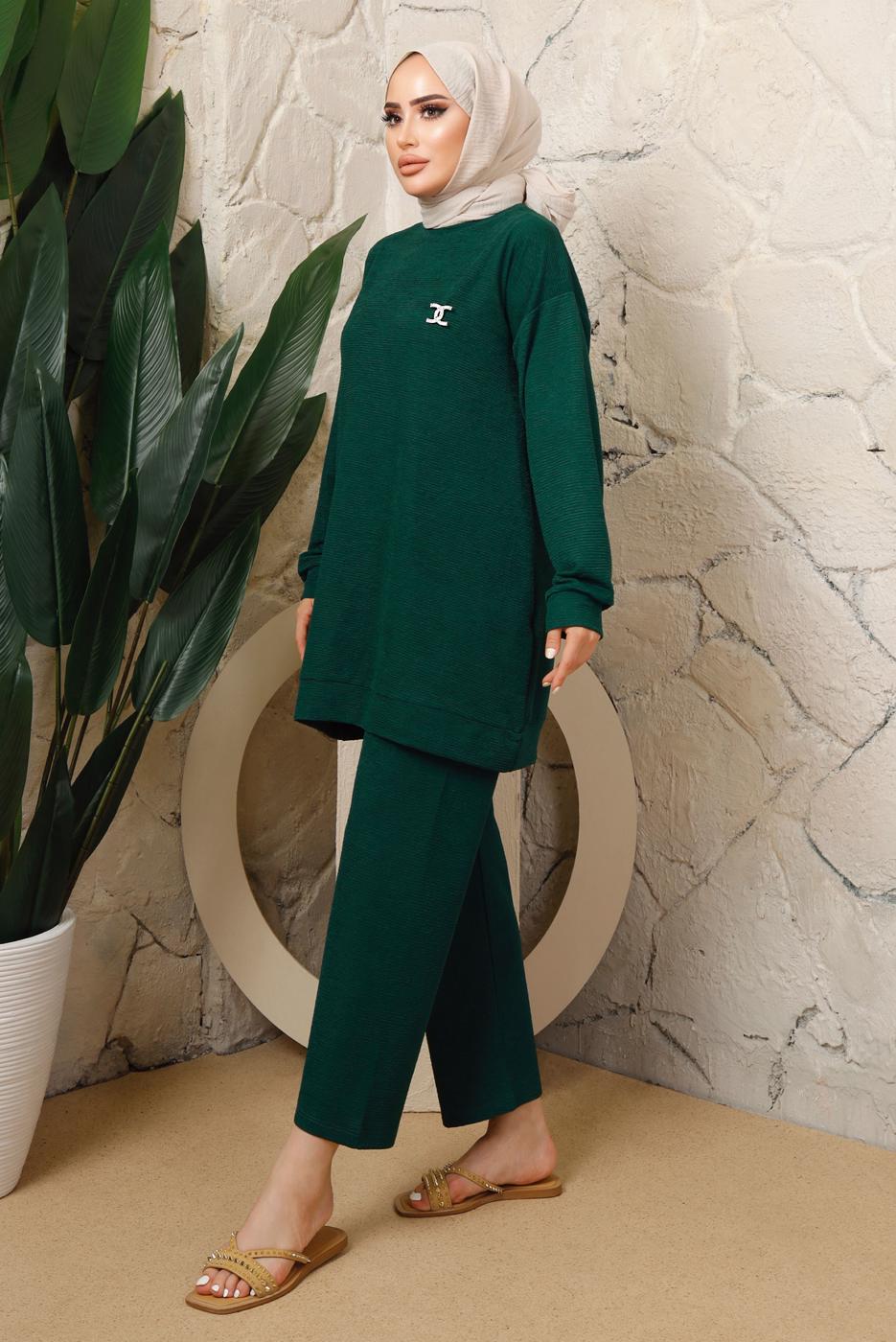 Tesettür giyim YEŞİL BROŞ DETAYLI PANTOLONLU TAKIM T 7543