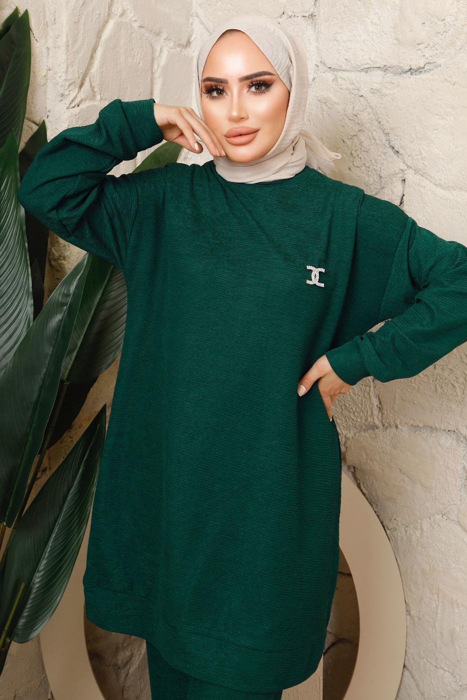 Tesettür giyim YEŞİL BROŞ DETAYLI PANTOLONLU TAKIM T 7543