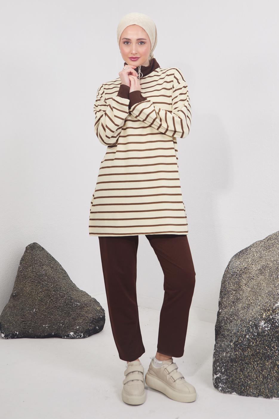 Tesettür giyim KAHVE ÇİZGİLİ PANTOLONLU TAKIM T 7583