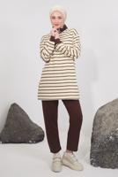 Tesettür giyim KAHVE ÇİZGİLİ PANTOLONLU TAKIM T 7583