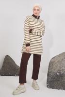 Tesettür giyim KAHVE ÇİZGİLİ PANTOLONLU TAKIM T 7583