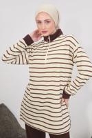 Tesettür giyim KAHVE ÇİZGİLİ PANTOLONLU TAKIM T 7583