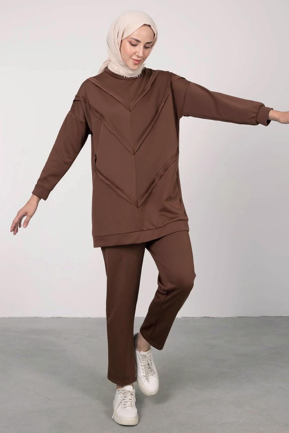 Tesettür giyim KAHVE SCUBA PANTOLONLU TAKIM T 7605