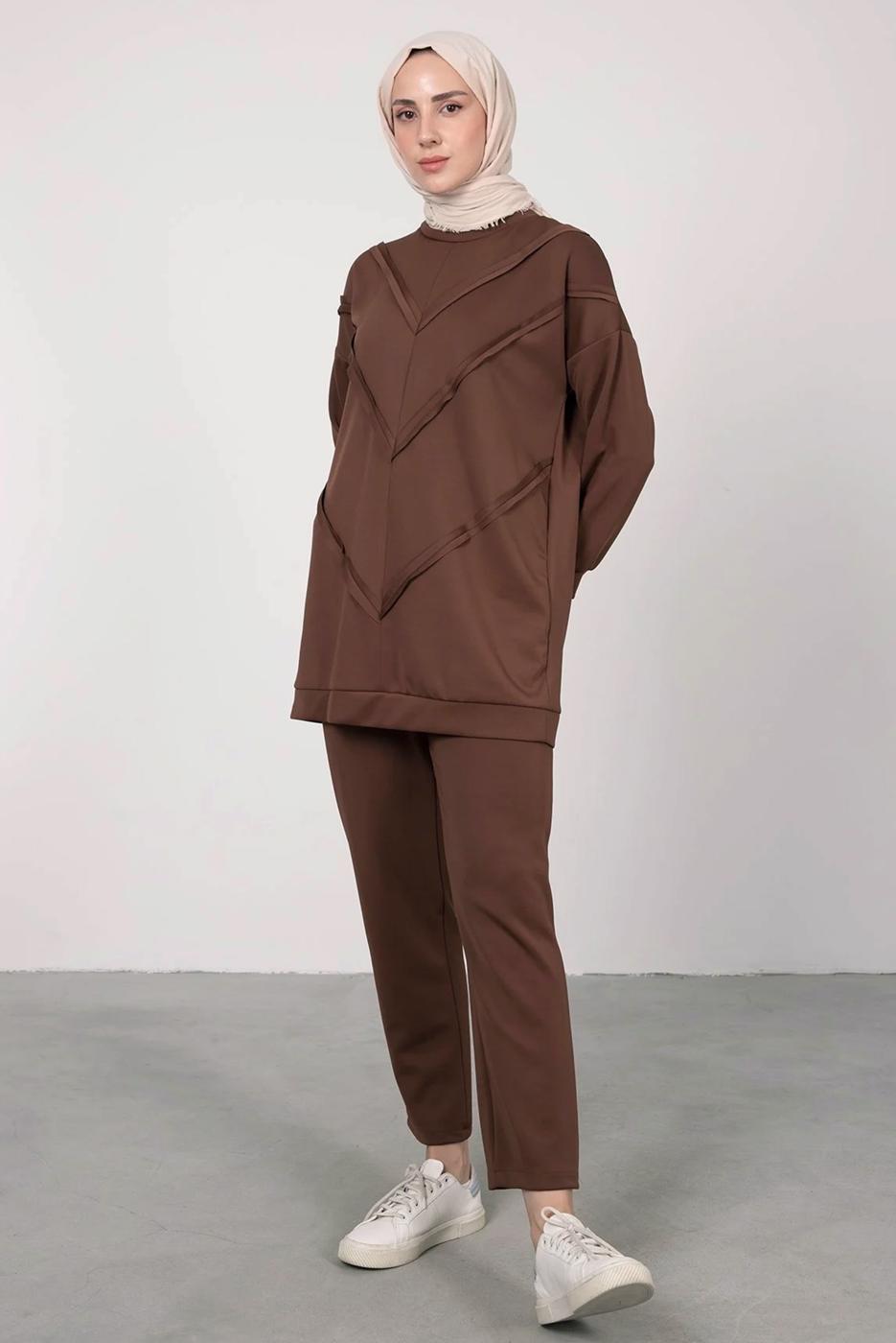 Tesettür giyim KAHVE SCUBA PANTOLONLU TAKIM T 7605