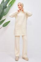 Tesettür giyim EKRU PANTOLONLU TRİKO TAKIM T 7708