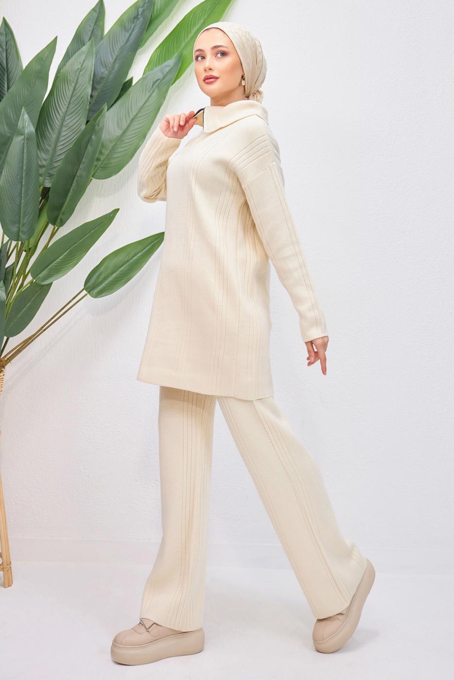 Tesettür giyim EKRU PANTOLONLU TRİKO TAKIM T 7708