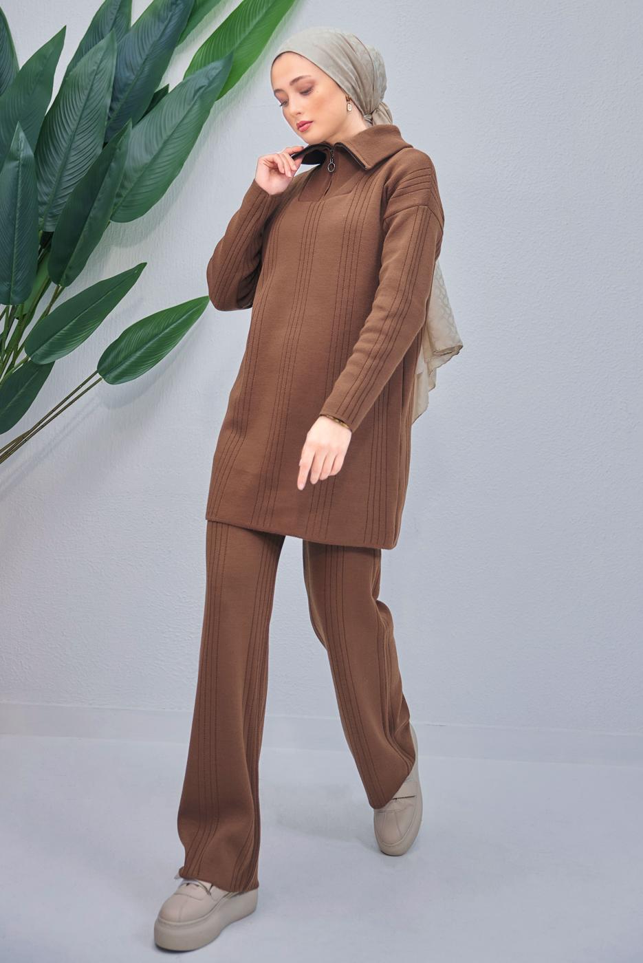 Tesettür giyim KAHVE PANTOLONLU TRİKO TAKIM T 7708